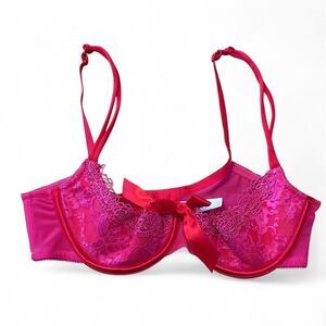 Cacique Bra 36D Hot Pink Eyelash Lace Trim Underwire Balconette